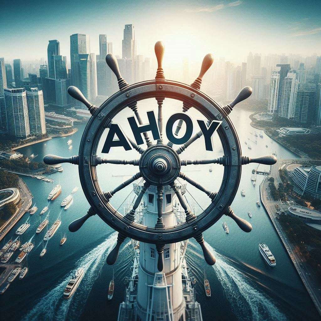 An image of a giant ship's wheel on a lighthouse with a city in the background.
