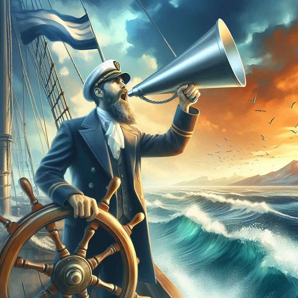 A ship's captain helms the wheel and shouts Ahoy through an old bulhorn.