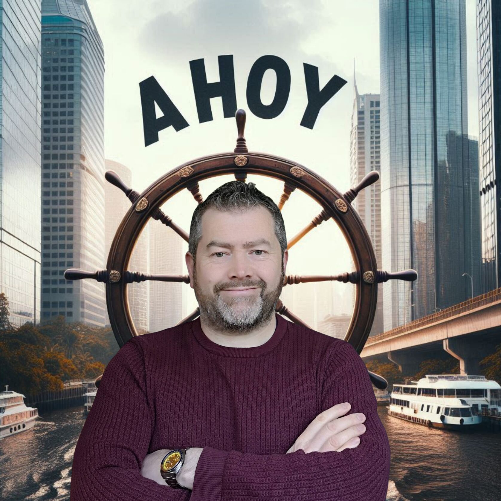 Ahoy owner Ed Carbery standing in front of a ship's wheel.