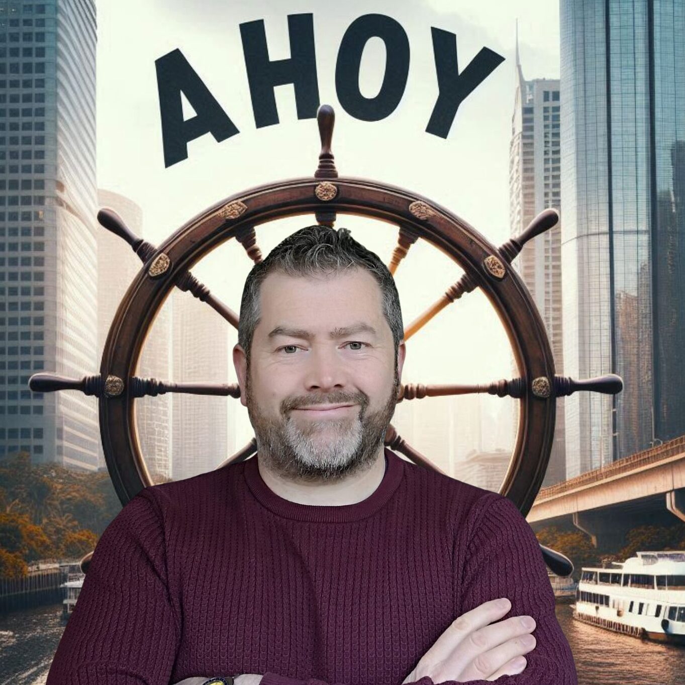 Ed Carbery in front of a ship's wheel.